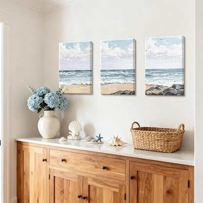 WENGTIAO Beach Canvas Wall Art Prints Set of 3 Coastal Seaside Wall Paintings Abstract Seascape Photos Pictures Blue Ocean Artwork for Home Decor Living Room Bedroom Office 12”x16”x3