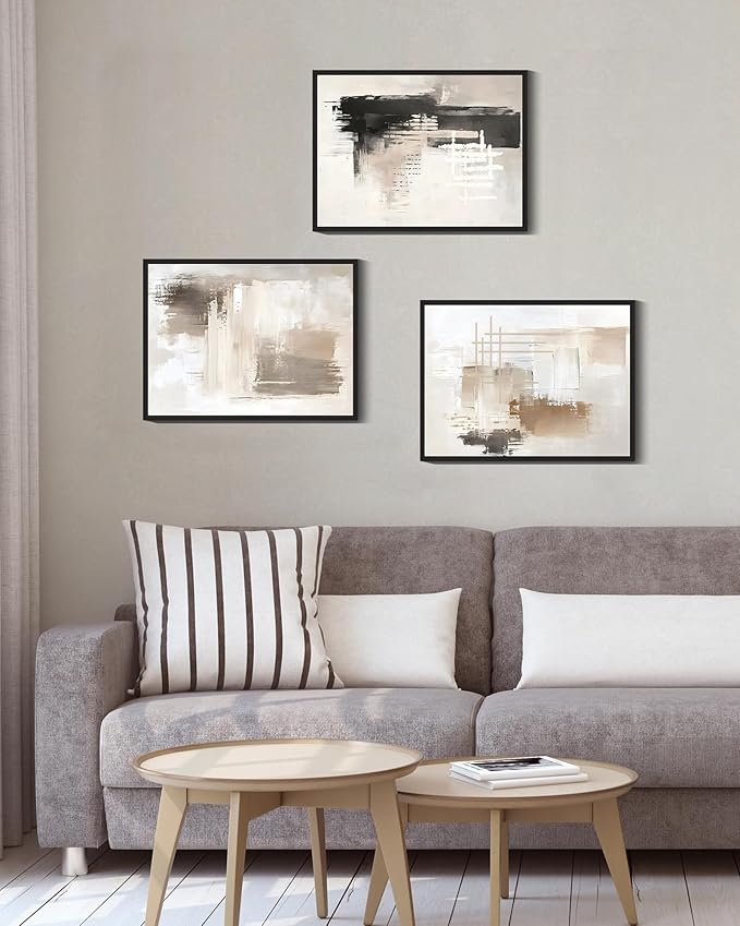 PHOPAGO Modern Abstract Framed Wall Art Mid Century Minimalist Beige Pastel Neutral Wall Decor for Kitchen Hallway - 12x16in Black Framed