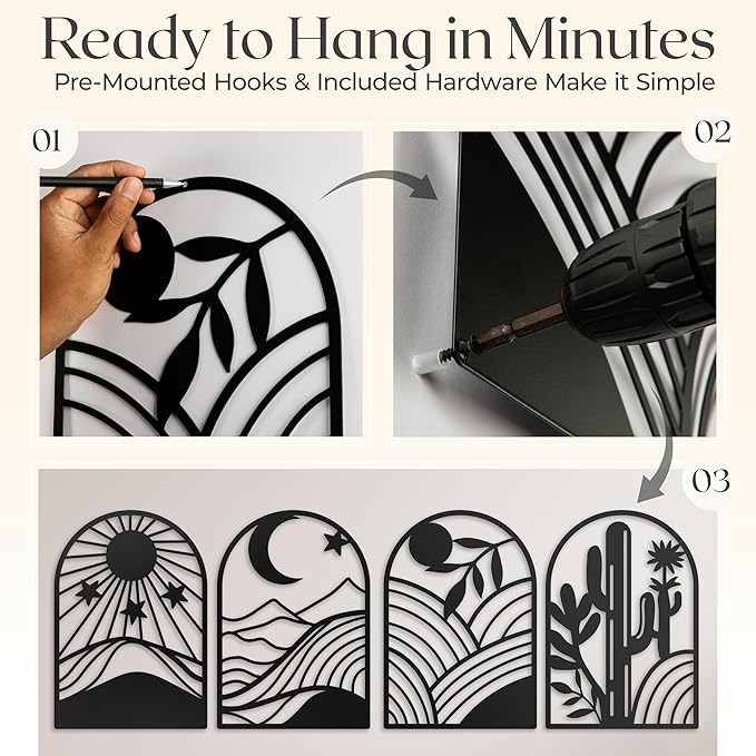 GALLERY GRACE Metal Wall Art Decor – 11" x 16", 4Pc Single Line Abstract Wall Art for Living Room, Bedroom, Office – Boho Minimalist Black Wall Decor Featuring Sun, Moon, Landscape & Desert Panels