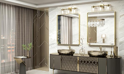 TokeShimi Gold Bathroom Mirror for Wall 30 x 36 Inch Metal Rounded Corner Rectangle Mirror Metal Frame Deep Set Design Hangs Horizontal Or Vertical