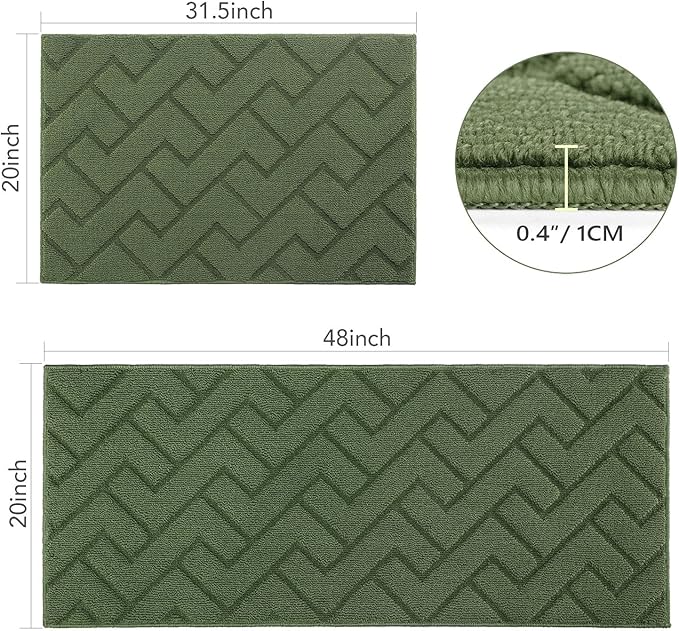 hicorfe Kitchen Runner Rugs and Mats Sets,2 Pieces Absorbent Non-Slip Kitchen Rug,Comfort Kitchen Mat for Floor,Washable for Kitchen,Hallway,Office,Sink,Laundry(20"x59"+20"x32",Green)