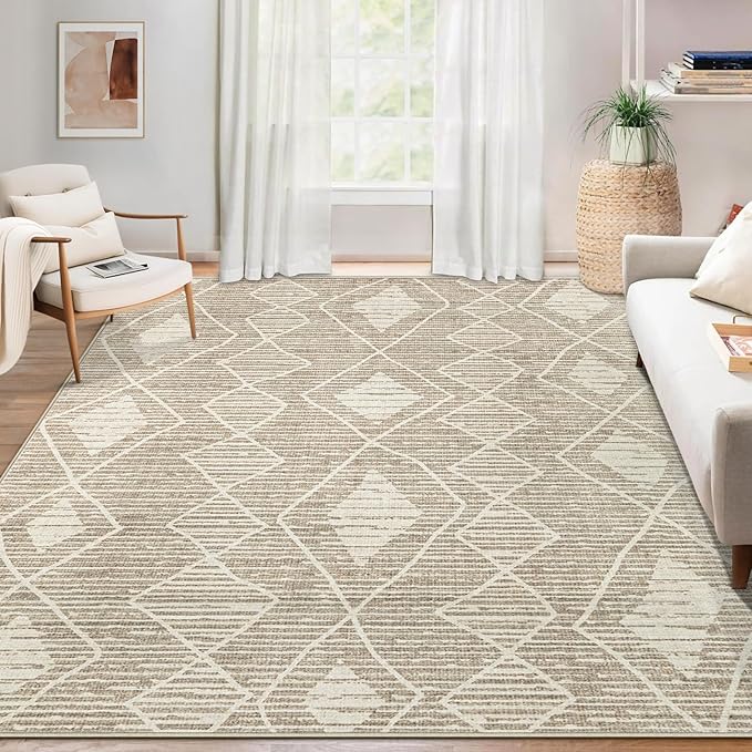 Area Rug for Living Room 6x9: Large Washable Boho Moroccan Rugs Geometric Neutral Rug, Non-Slip Foldable Morden Farmhouse Indoor Floor Carpet for Bedroom Dining Table Home(Cream Beige, 6'X9')