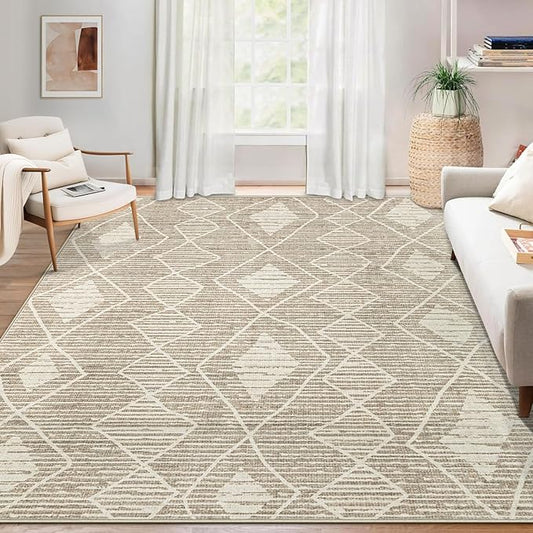 Area Rug Living Room Rugs 5x7 - Large Soft Boho Geometric Rugs, Non-Slip Foldable Washable Area Rug Non Shedding Morden Indoor Floor Carpet for Living Bedroom Dining Room(Cream Beige, 5'x7')