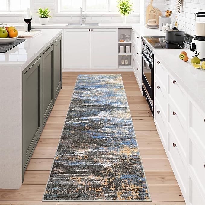 ROYHOME Washable Runner Rug 2x6 Modern Abstract Kitchen Rugs, Non Slip Bathroom Rug, Low Pile Laundry Room Soft Long Carpet for Hallway Bedroom Entryway, Blue/Brown