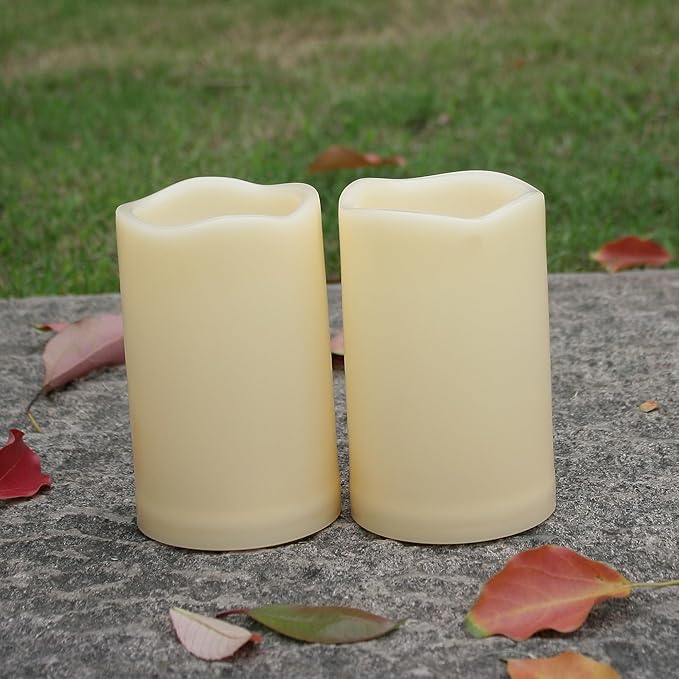 iZAN Outdoor Indoor Flameless Candles with Timer Waterproof Plastic Realistic Flickering Battery Operated LED Pillar Candles Long Lasting 1500 Hours Battery Life 3x5 inch Waved Edge 2-Pack