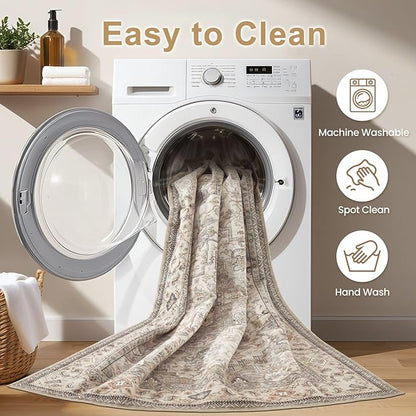 EIEIHOUSE Washable Area Rugs for Living Room - 10x14 Neutral Vintage Distressed Floral Farmhouse Boho Large Soft Floor Rug Indoor Non Slip Carpet for Bedroom Dining Room Office - Brown/Multi