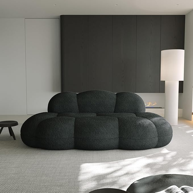 Modern Curved Sofa, 3 Seater, Soft Sherpa Upholstered Sofa, Minimalist Style Comfy Cloud Couch for Living Room Apartment, Black