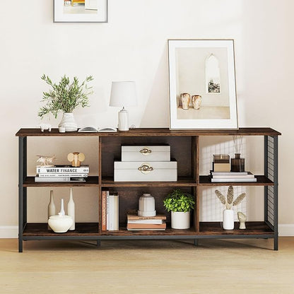 Giantex Industrial TV Stand for TVs up to 65 Inch, 3-Tier Entertainment Center with Power Outlets, Metal Mesh Sides & 2 Cable Holes, 6-Cube TV Console Table for Living Room, Bedroom, Rustic Brown