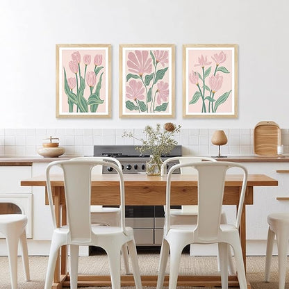 JLTULT 3 Pieces Pink Tulips Floral Wall Art, Boho Pink Green Botanical Wall Decor, Modern Abstract Flowers Paintings Art Prints for Living Room Bedroom Home Office12x16 inch Wood Framed Ready to Hang
