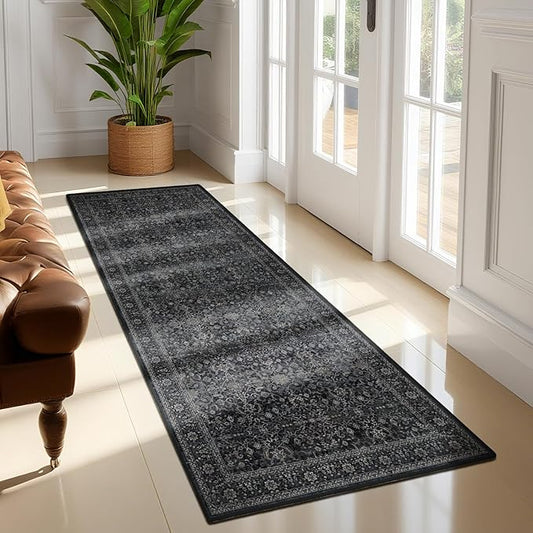 Dark 2x6 Runner Rug for Hallways Entryway, Vintage Earth Tone Kitchen Bathroom Runner 6ft, Non Slip Washable Low Pile Thin Carpet Runner for Mudroom/Laundry Room/Bedroom Bedside, Midnight