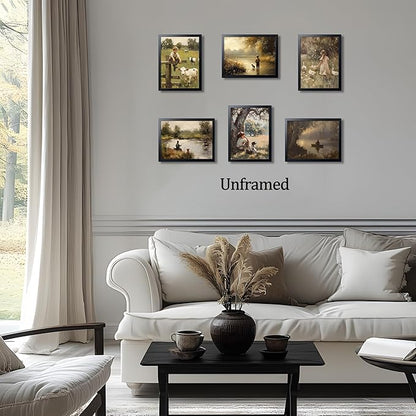 Vintage Countryside Wall Art Set of 6, Unframed Canvas Prints Rustic Farmhouse Nature Landscape Posters, Retro Children and Animal Painting Pictures for Living Room Bedroom Home Decor 8x10 Inch