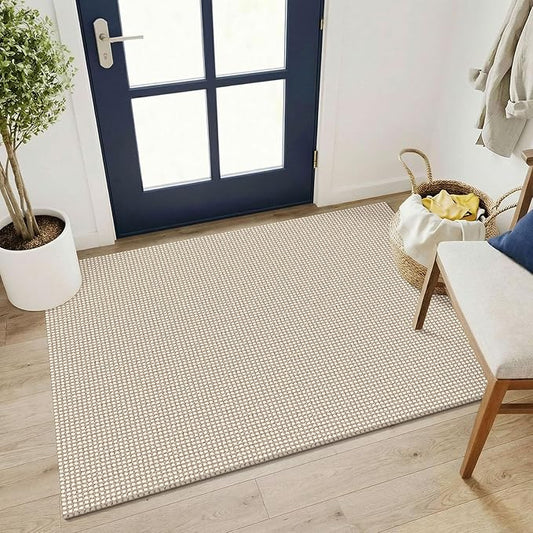 KOZYFLY Washable 3x4 Entry Area Rug, Braided Throw Rugs for Entryway, Non Slip Door Mat Indoor Outdoor Entrance, Front Porch Foyer Carpet for Kitchen, mudroom, Bathroom, Ivory/Camel/Brown
