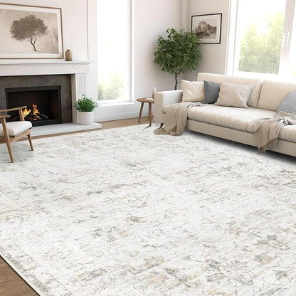 Washable 8×10 Area Rug for Living Room, Vintage Floral Rug Soft Non Slip Stain Resistant Boho Carpet for Bedroom Dinning Room Home Office Beige New