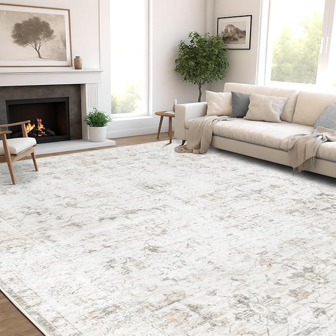 Washable 5×7 Area Rug for Living Room, Vintage Floral Rug Soft Non Slip Stain Resistant Boho Carpet for Bedroom Dinning Room Home Office Beige New
