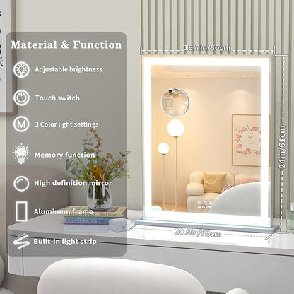 ANYHI Makeup Mirror with Lights, 24"x20.5" Lighted Vanity Mirror with 10X Magnifying, 3 Color Modes, Dimmable, Smart Touch Control, Memory Function, USB Charging Port, Tabletop/Wall Mount, Silver