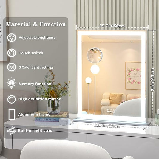 ANYHI Makeup Mirror with Lights, 24"x20.5" Lighted Vanity Mirror with 10X Magnifying, 3 Color Modes, Dimmable, Smart Touch Control, Memory Function, USB Charging Port, Tabletop/Wall Mount, Silver
