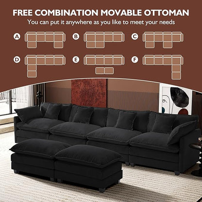 Ihanherry U-Shaped Modern Sofa 146" Modular Sectional Cloud Couch with 2 Ottoman, 6-Seat Chenille Deep Seat Sofa with 6 Pillows for Living Room, Black