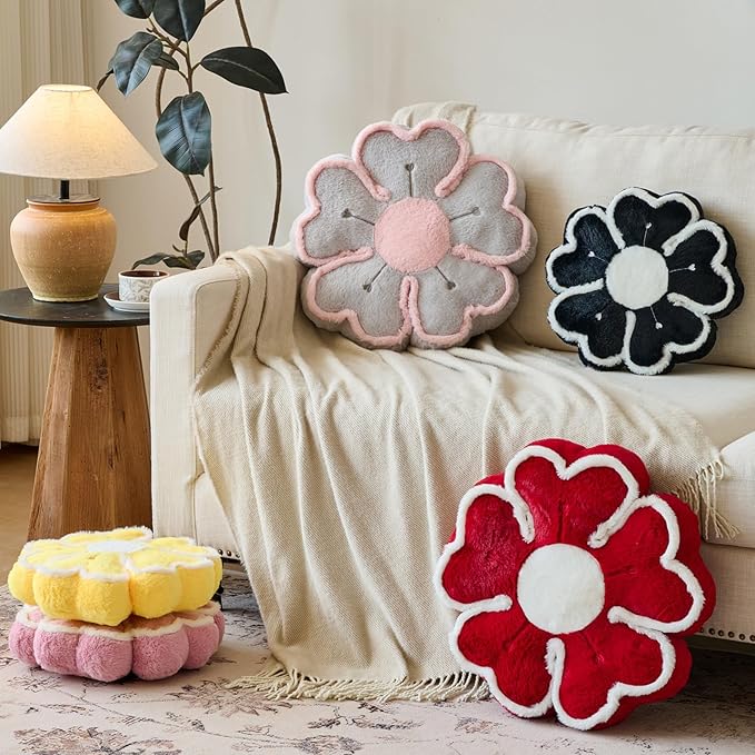 Flower Shaped Decorative Throw Pillow Cushion for Bed Couch, Cute Flower Plush Throw Pillows Home Decor Floor Pillow Seating Cushions (Burgundy, 17.7 Inches)