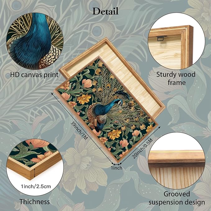 HLNIUC Boho Peacock Framed Canvas Wall Art,Vintage Animal Feather Wall Decor,Large Green Gold Botanical Floral Artwork Set of 3(24x36),Modern Nature Blossom Prints for Living Room,Bedroom,Office