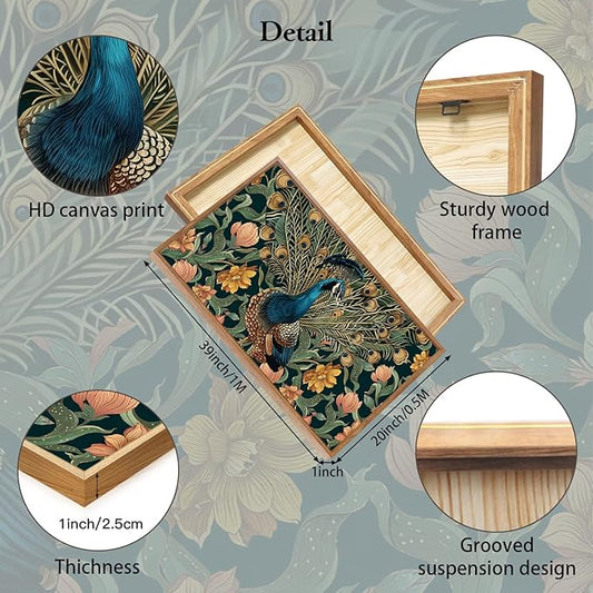 HLNIUC Boho Peacock Framed Canvas Wall Art,Vintage Animal Feather Wall Decor,Large Green Gold Botanical Floral Artwork Set of 3(24x36),Modern Nature Blossom Prints for Living Room,Bedroom,Office