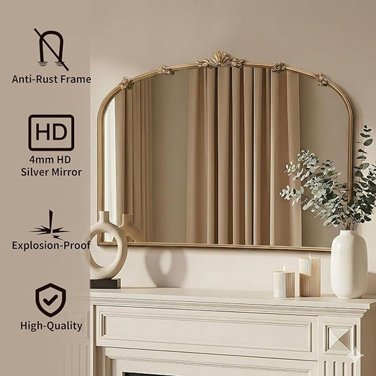 Besdomus Large Vintage Gold Mirror: 40"x29" Traditional Ornate Antique Arched Mirror - French Baroque Decorative for Wall/Mantel/Bedroom/Entryway/Bathroom/Hallway - Home Decor for Fashion-Conscious
