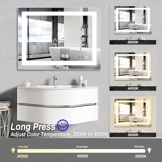 32"x 24" LED Bathroom Mirror Vanity Mirror, Anti-Fog, Dimmable, Color Temperature Adjustable 3000-6000K, Switch-held Memory Led Wall Mirror Suitable for Bathroom, Vanity (Vertical/Horizontal)