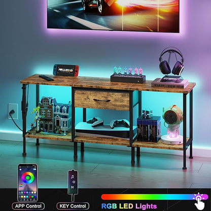 GYIIYUO LED TV Stand for 65 60 55 Inch TV, Entertainment Center with Power Outlet and Fabric Drawers, Industrial TV Console Table for Living Room Bedroom, 55" Rustic Brown