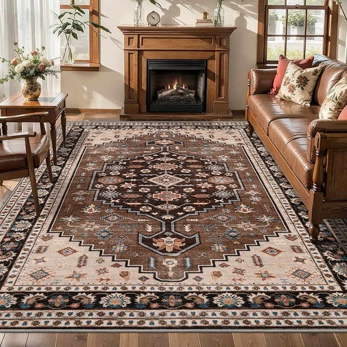 Tangsoo Vintage 8x10 Rug for Living Room,Washable Indoor Area Rug Brown Beige Non-Slip Rubber Backing Soft Low Pile Carpet