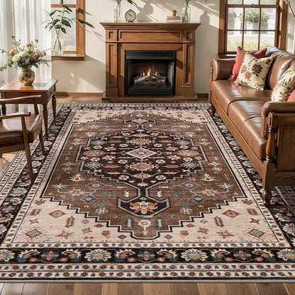 Tangsoo Vintage 8x10 Rug for Living Room,Washable Indoor Area Rug Brown Beige Non-Slip Rubber Backing Soft Low Pile Carpet