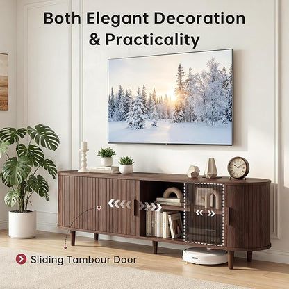 65" Mid Century Modern TV Stand, Wood TV Consoles with Sliding Doors and Power Outlet, Fluted Entertainment Center with Adjustable Shelves, Media Console for Living Room, Walnut