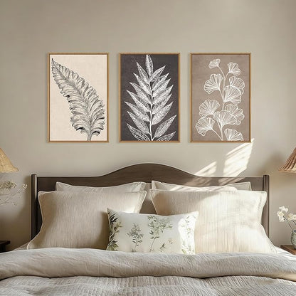 HOURIA Abstract Boho Fern Leaf Floral Framed Canvas Wall Art Set,Vintage Botanical Leaves Wildflower Decor,Modern Minimalist Nature Inspired Beige & Brown Artwork for Living Room,Farmhouse-24 x36 x3