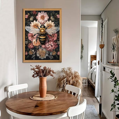 Framed Vintage 3D Textured Wall Art - Dark College Bee Flowers Wall Decor - Hand Drawn Sandstone Nature Botanical Pictures for Living Room Bedroom Home Decor 24x36in