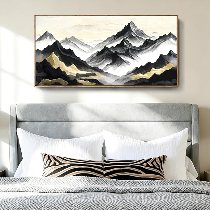 Large Framed Contemporary Black White And Gold Living Room Wall Art, Canvas Print Of Landscape Mountains; Unique Abstract Natural Artwork For Bedrooms, Offices, Studies, Entryways, And Living Rooms. 48X24 Inches.