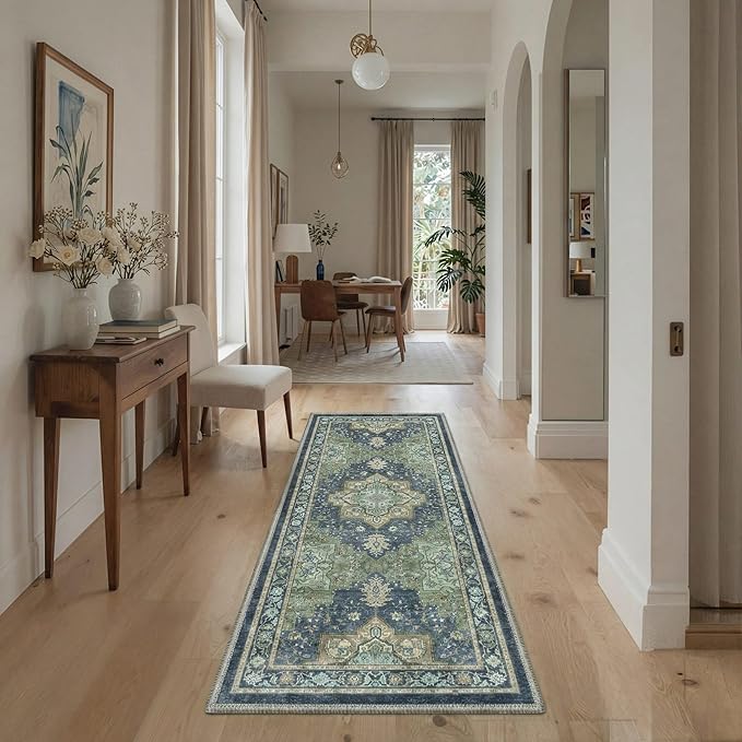 GENIMO 8x10 Area Rugs for Living Room, Machine Washable Rug, Non Slip Indoor Vintage Carpet, Low Pile Lightweight Chenille Print Carpet for Bedroom Dining Room Home Office, Green & Navy