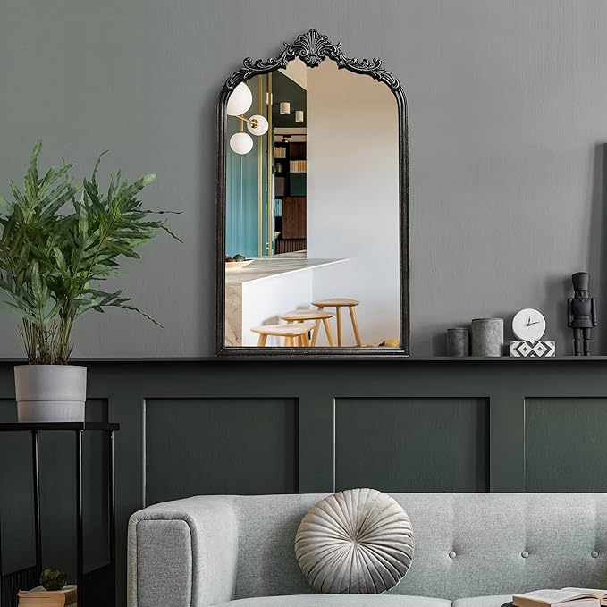 Wylde Iris English Estate Carved Arch Wood Wall Mirror, Mirror for Entryway, Living Room, Bathroom, Distressed Black, 20.4x33