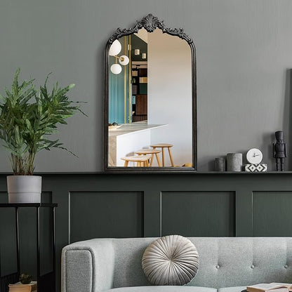 Wylde Iris English Estate Carved Arch Wood Wall Mirror, Mirror for Entryway, Living Room, Bathroom, Distressed Black, 20.4x33