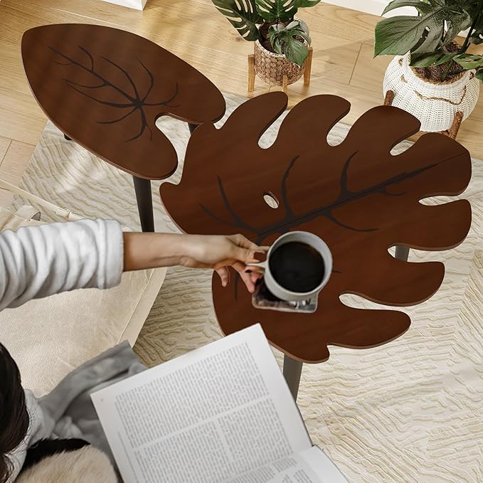 BAMEOS Monstera Leaf Nesting Tables Set of 2, Small Side Tables f Set with Leaf Vein Pattern, Modern Wooden CoffeeTables for Living Room Bedroom Apartment Balcony Yard