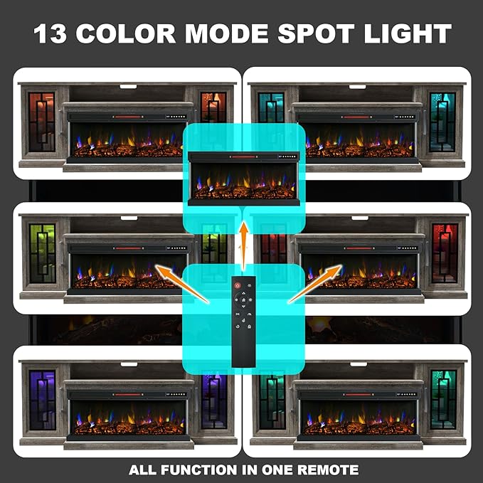 75 Inch Electric Fireplace TV Stand, 3- Side Glass LED Modern Media Entertainment Center Console Table for TVs up to 80/85 Inch w/Adjustable Flame, 40’’ Fireplace, Highboy, Gray Wash