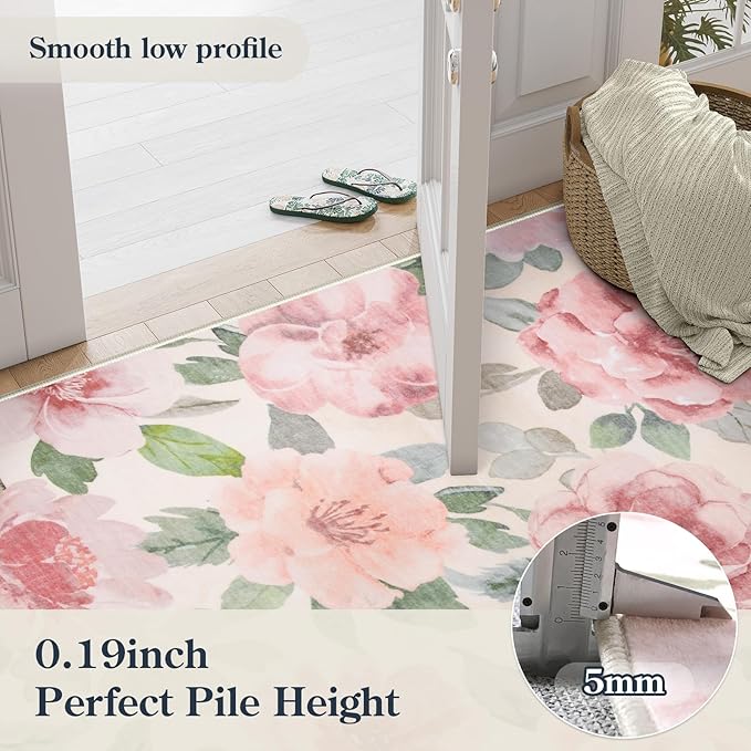Lahome Floral Nursery Rug 5x7 Area Rugs,Soft Boho Pink Rugs for Bedroom Girls,Low Pile Large Living Room Rug, Home Decor Carpet for Dining Room Kids Playroom Farmhouse, Beige/Multi