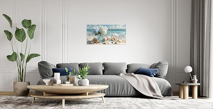 TutuBeer 1 Panel Blue Ocean Beach Bathroom Canvas Wall Art Seaside Seashell Painting Print Artwork Starfish with White Flower Coastal Bathroom Canvas Wall Art for Living Room Bedroom Bathroom 8"x16"
