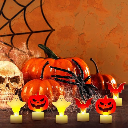 Tuanse 6 Pcs Halloween Flameless Candles Battery Operated LED Tealight Candles Pumpkin Bat Ghost Halloween Decorations for Home Indoor Table Centerpiece Party Decor