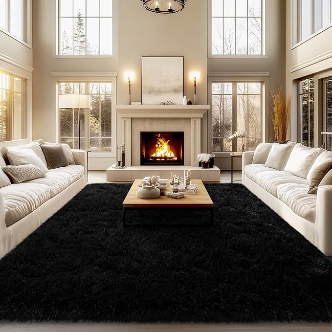 qulint Black Rug for Living Room, 9x12 Shag Rug for Bedroom Soft Shaggy Large Area Rug for Living Room, Fuzzy Plush Carpets for Boys and Girls Dorm Room Home Decor (9ft x 12ft, Black)