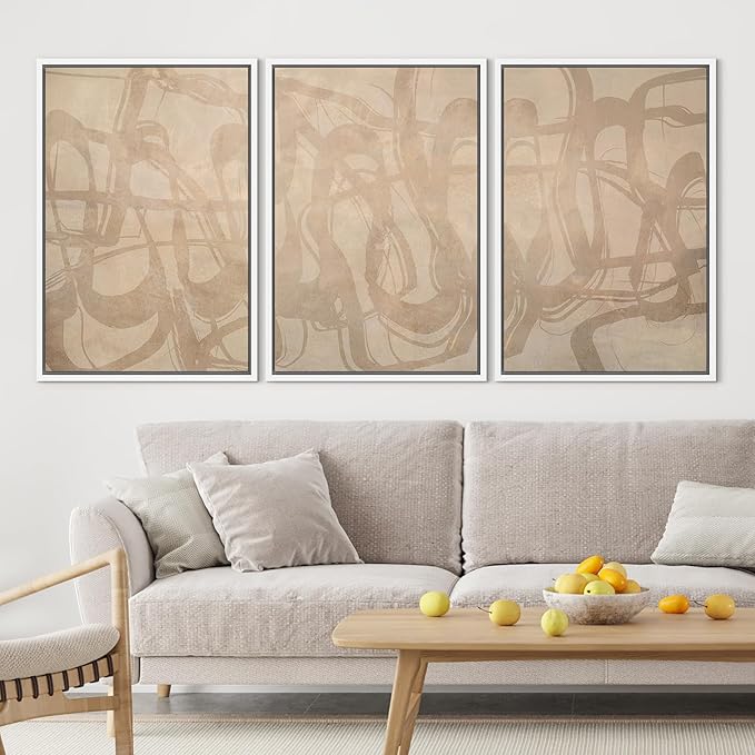 SIGNLEADER Framed Canvas Print Wall Art Set Beige Modern Abstract Line Art Illustrations Minimal Decorative Bohemian for Living Room, Bedroom, Office - 24"x36"x3 White