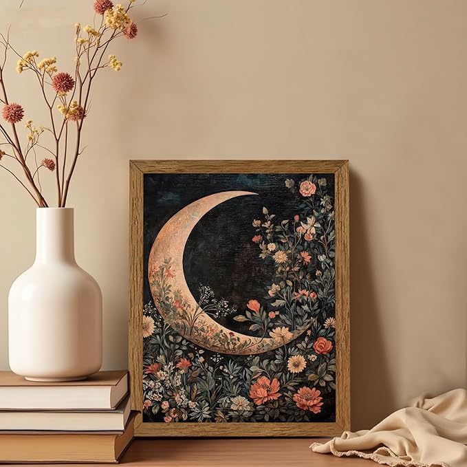 JLTULT Framed Vintage Floral and Moon Canvas Wall Art, Dark Mystical Celestial Floral Wall Decor, William Morris Gothic Prints Artwork for Bedroom Living Room Office Decoration 8x10 inch Easy to Hang