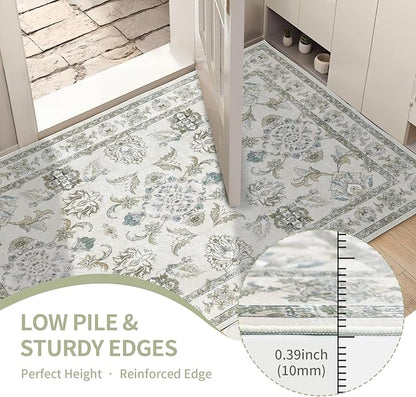 Round 6Ft Washable Area Rug,Vintage Floral Low Pile Non Slip Carpet Non-Shedding Rug Soft Stain Resistant Mat for Living Room Bedroom Beige and Sage Green