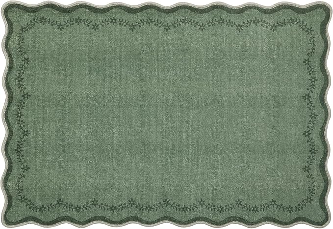 GarveeHome Scalloped Entryway Rug, 2x3 Solid Green Washable Front Door Rug Indoor Entrance Floral Carpet Non-Slip Low Pile Throw Rugs for Kitchen Floor, Powder Room, Entry, Bathroom, Kids Room