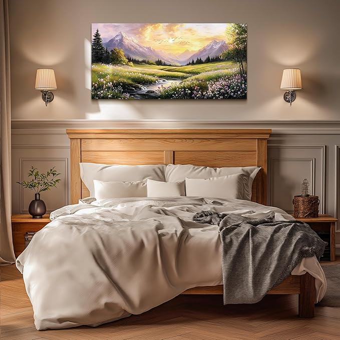 crmotu Large Landscape Wall Art, Nature Wall Art, Mountain Artwork for Walls, Sunset Aesthetic Canvas Prints, Spring Scenery Paintings for Living Room Bedroom Kitchen Farmhouse Cottagecore 24x48inch