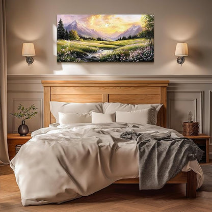 crmotu Large Landscape Wall Art, Nature Wall Art, Mountain Artwork for Walls, Sunset Aesthetic Canvas Prints, Spring Scenery Paintings for Living Room Bedroom Kitchen Farmhouse Cottagecore 24x48inch