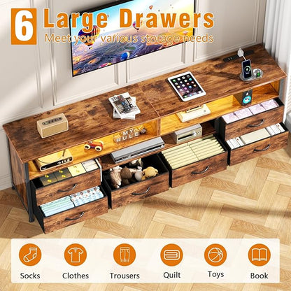 Furologee 63 Inch Entertainment Center,TV Stand for Bedroom for 65 70 Inch TVs, 6 Drawers Dresser with Power Outlets and LED Lights, Media Console for Living Room, Rustic Brown