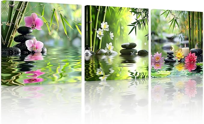 TutuBeer 3 Pcs Zen Wall Art Zen Pictures for Bathroom Spa Still Life Spa Stone Green Bamboo Orchid in Water Pictures Prints on Canvas for Home Office Wall Decor Stretched and Framed 16x16inchx3